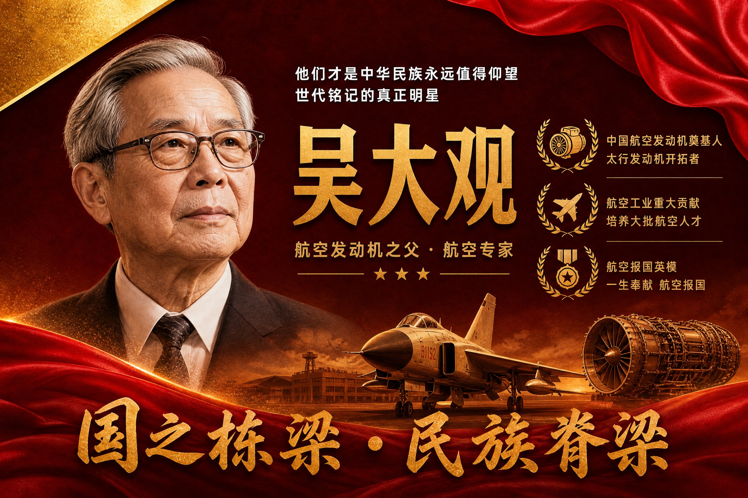横版国之栋梁人物挂画海报，吴大观主题，参考图版式风格复刻，红金… - 图片创意预览