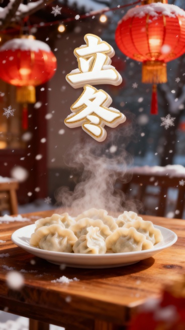 红灯笼高挂，背景中点缀着飘落的雪花，前景是一张木质桌子，桌面上放着一个白色瓷盘，盘子里装满了饱满的饺子，饺子冒着热气，上方有立体效果的“立冬”二字，字体为红色，带有金色描边，整体画面充满冬日节日氛围，预览效果