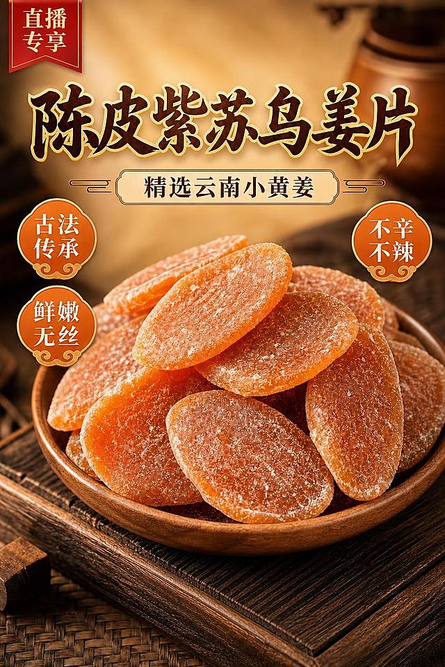 基于原图修改，去掉底部的"立即抢购"金色按钮及其所在的金色边框区域，将该区域替换为与下方编织垫和木质台面一致的自然背景，保持画面底部干净整洁，其余元素（直播专享角标、主标题、副标题、三个卖点标签、木碗姜片、背景光影）全部保持不变。商品100%还原原图的姜片外形、颜色、糖霜质感与材质。画面中所有信息区域必须填充完整合理，不得出现空白框或占位。
