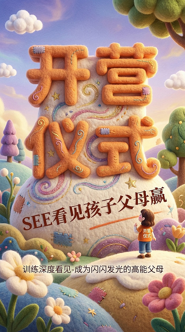 增加背景,把图片主体做成充满创意和梦幻色彩的绘本风格的巨型毛毡艺术卡通风格雕塑放置在画面中心（主体的穿搭保持不变），主体站在一旁欣赏（与巨型主体形成比例反差）