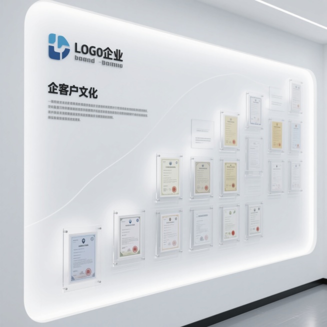 企业文化墙，极简风格，白色主色调，客户证言以瀑布流形式排列，透明亚克力层板，专利证书剪影阵列，白色占比≥80%，辅助色仅使用企业LOGO主色，0.5mm微阴影，低饱和度，无装饰性边框，无立体浮雕，无手预览效果
