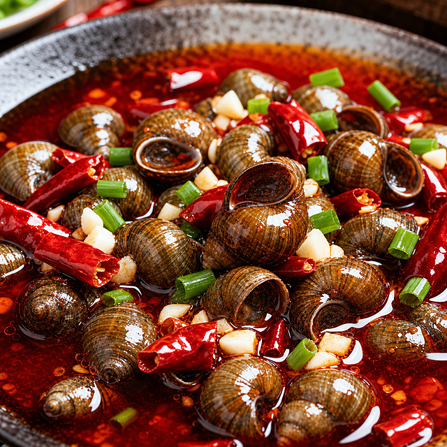 参考原图风格，重新生成香辣田螺美食图片，保持麻辣红油田螺，配辣椒、葱段、蒜末的内容，保留原图的美食摄影风格和构图