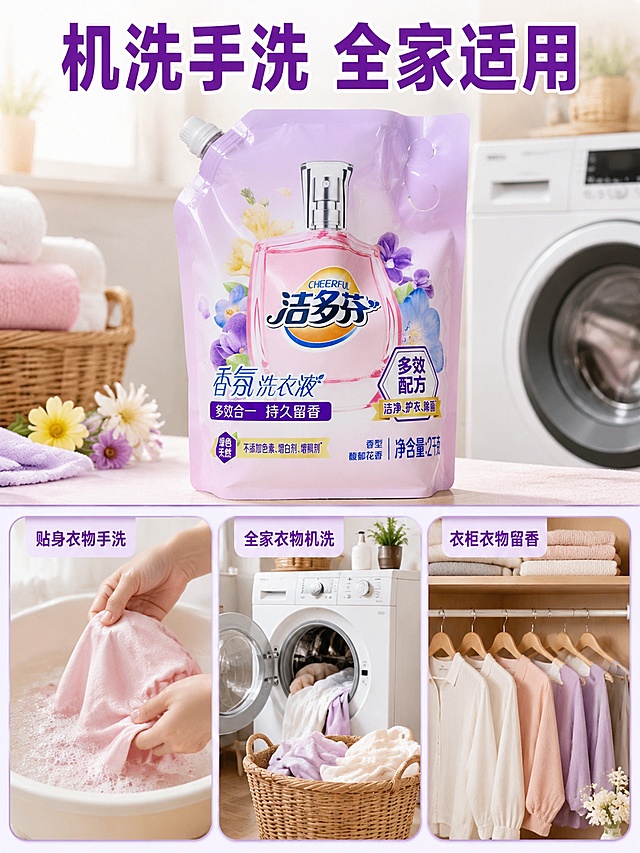 「图片1」，生成一套主图（5张），商品名称是洁多芬香氛洗衣液，净含量2KG，卖点是花香长效留香
洁净护衣除菌
无多余添加剂
全家衣物适用
大容量更划算
机洗手洗均可，突出商品卖点，规格是2KG瓶装陈列设计，不能出现平台官方违规词，结合电商爆款主图边框设计，吸睛力超强，用户看到要点击的感觉，适配电商平台，主图比例为3:4