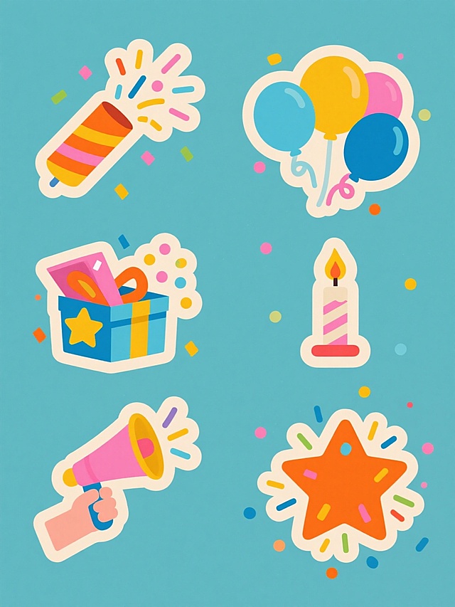 一组6个完全不同元素的系列素材集合，每个元素均保持与原图一致的现代扁平插画风格，使用纯色背景，采用橙色、粉色、蓝色、黄色等明快鲜亮的主色调，元素边缘有清晰的浅色描边，呈现简洁圆润的造型和均匀平整的色块填充，无复杂光影和立体效果。元素内容均为庆祝礼花相关类目，包括：1. 炸开的彩色礼花筒，喷射出彩色纸屑和彩带；2. 系着蝴蝶结的礼品盒，盒盖打开并飞出彩色五角星和圆形纸屑；3. 漂浮的彩色气球束，气球上系着卷曲彩带，周围散落小圆形纸屑；4. 点燃的生日蜡烛，火焰上方有彩色火花和小纸屑；5. 手持的派对喇叭，喇叭口有音符和彩带飞出；6. 五角星形状的礼花爆炸效果，中心向外辐射彩色线条和纸屑。6个元素呈规整的2行3列网格排布，每个元素间距均匀，整体构图简洁平衡，色彩风格统一，信息传达清晰明快，符合庆祝、派对、节日的欢快氛围。