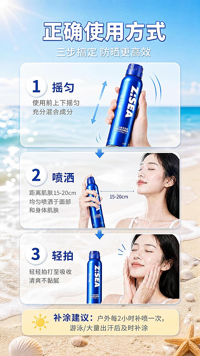 [第9张 重制] 详情页使用方式页 - 正确使用方式。本张使用【图7】作为重绘基础，使用【图1】作为产品外观参考。统一为蓝天碧海沙滩真实场景风格。
[氛围/风格] 海边清新教学风，步骤卡片悬浮在海边场景中，简洁明了，蓝白金统一色调。
[元素布局] 背景为海边沙滩实景虚化：上方淡蓝天空和阳光，中部远海，下方金色沙滩和海浪。画面纵向排列3个步骤卡片，卡片为半透明白色圆角矩形，悬浮在海边场景中：第1步摇匀-手持喷雾瓶摇晃动作；第2步喷洒-喷雾瓶距离肌肤15-20cm喷洒，有细腻水雾；第3步轻拍-手轻轻拍打肌肤。每个步骤卡片中都有蓝色Z:SEA防晒喷雾瓶。步骤卡片之间有向下的箭头连接。底部沙滩上有贝壳和小海星装饰。底部有一个浅黄色小贴士条横放在沙滩上。
[光影质感] 柔和海边自然光，步骤卡片有轻微悬浮阴影，整体明亮清晰，沙滩有自然纹理。
[配色色系] 全局底色：顶部淡蓝天空#F0F8FF，中部浅海#E0F0FF，底部金色沙滩#F5DEB3；主色品牌蓝#0066CC；辅助色白色、浅蓝、黄色小贴士。
[视角构图] 正面平视，纵向三步流，背景是虚化海边全景。
[文字版式] 顶部居中主标题。主标题「正确使用方式」，白色粗黑体大号字带蓝色描边（与第1张标题字体大小颜色完全一致）；副标题「三步搞定 防晒更高效」，白色中号字。每步左侧大号圆形数字编号，右侧步骤标题深蓝色粗体+说明灰色小字。底部黄色小贴士框。
[衔接要求] 底部金色沙滩+海浪与上一张底部沙滩衔接；顶部淡蓝天空与上一张顶部天空一致。
[比例分辨率] 9:16竖版比例，4K分辨率，文字清晰可辨，高清画质。
[负向提示词] 瓶身变形，颜色偏差，水印，文字错乱，纯蓝背景无沙滩，步骤不清晰。