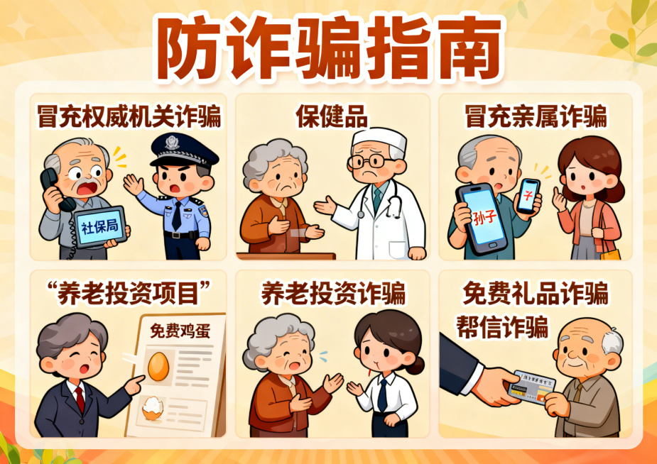 面向老人的防诈骗三折页插图，Q版卡通风格，色彩明亮温暖，共6张对应6种诈骗场景：1.老人接到自称社保局的电话，表情慌张，旁边有警察摆手提示不要转账（对应冒充权威机关诈骗）；2.穿白大褂的骗子给老人递假预览效果
