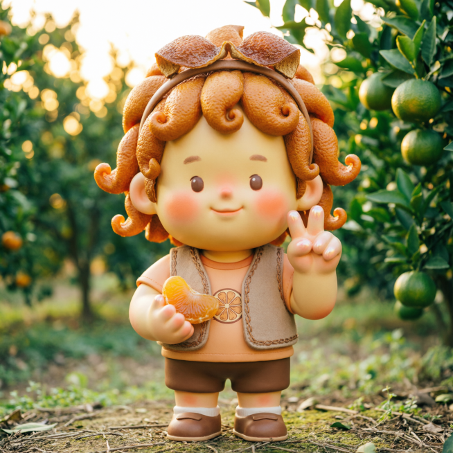 生成这张新会陈皮IP形象小人的完整全身小模型图片，保留原有设计风格，保持活泼可爱的质感，展示完整的人物全身造型预览效果