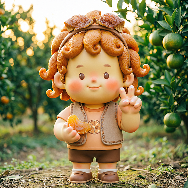 生成这张新会陈皮IP形象小人的完整全身小模型图片，保留原有设计风格，保持活泼可爱的质感，展示完整的人物全身造型