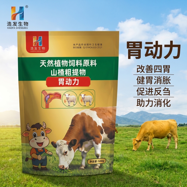[主图-1] 胃动力兽药产品首图，农牧风，抖音平台。[氛围风格] 自然真实农牧场景，专业接地气的农牧风格；[画质] 商业摄影质感，光线柔和通透，产品清晰真实，画面干净高级。[元素] 保持胃动力包装袋产预览效果