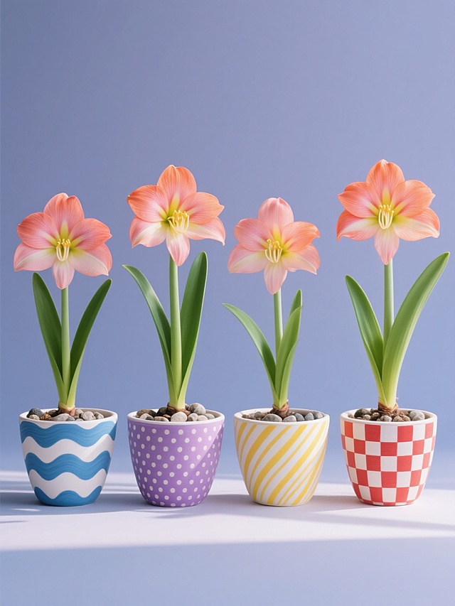 高清摄影风格，纯色背景，4个花盆系列素材集合规整排布，每个花盆中均栽种着开有橙粉色渐变花瓣、黄色花蕊的朱顶红，绿色长条形叶片挺拔舒展，花盆底部铺有小石子；从左至右第一个花盆为蓝白配色波浪纹理，第二个为紫白配色点状纹理，第三个为黄白配色直线纹理，第四个为红白配色格纹纹理，每个花盆整体色彩明快且与纹理颜色和谐统一，光线柔和从右上方照射，形成自然阴影，突出植物与花盆的质感，整体画面简洁清新，信息传达清晰。