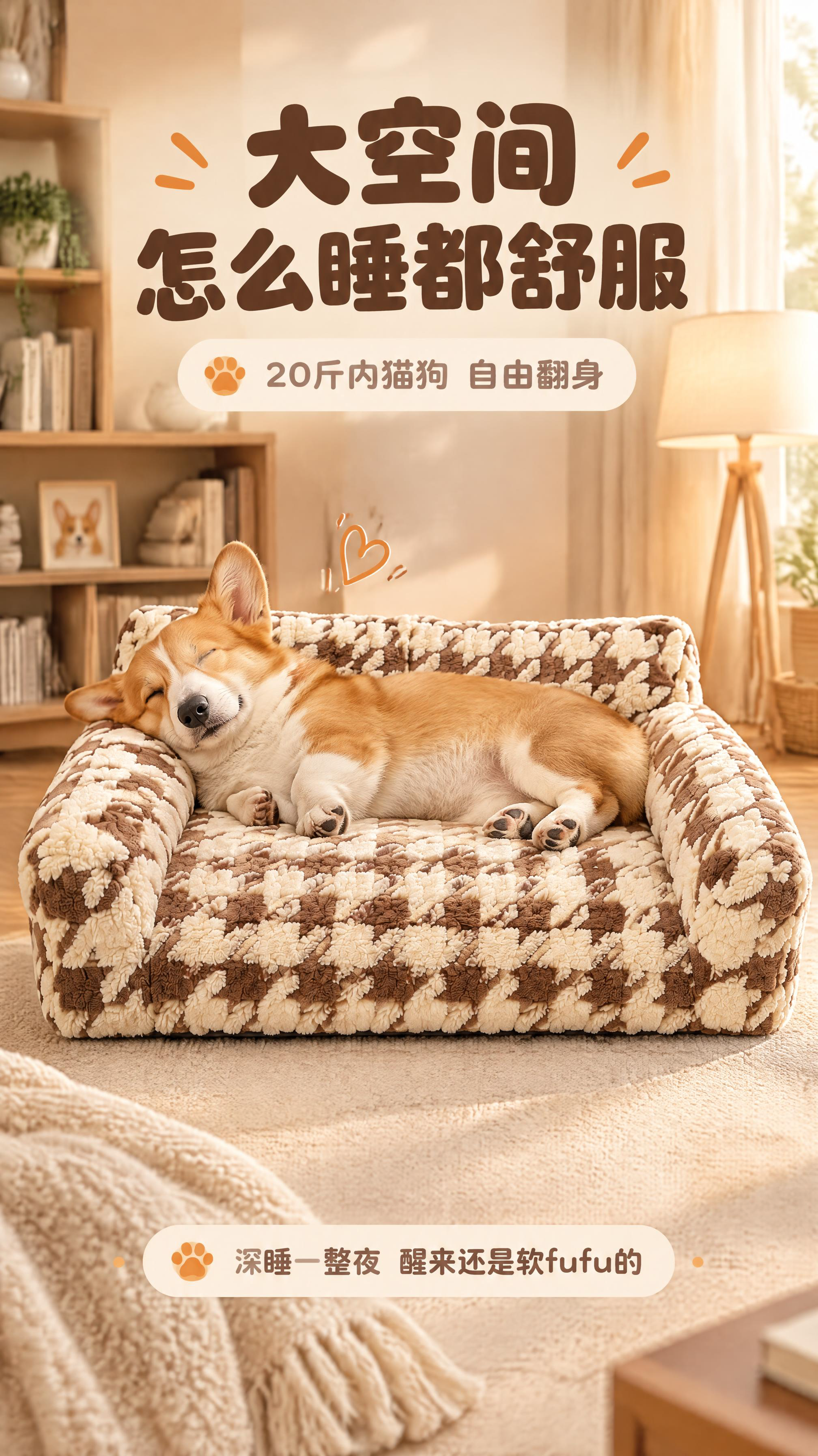 [商品] 使用【图1】焦糖棕千鸟格宠物沙发；保留三面环抱靠背、… - 图片创意预览