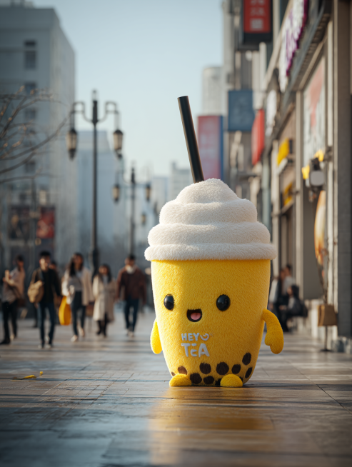 Hyperrealistic photograph, a giant plush sculpture of a Heytea milk tea cup with the brand's logo, s预览效果