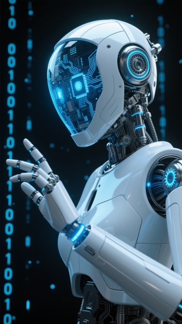 未来科技感3D渲染的机器人侧面肖像，光滑的白色金属外壳与内部精密的蓝色发光电路板、齿轮和机械结构形成鲜明对比，头部半透明面罩下可见闪烁的蓝色数据流和芯片细节，眼部发出柔和蓝光，机器人右手抬起，手指关节处有蓝色光效，掌心向前做出触碰或引导的姿态，背景是深邃的黑色，布满垂直排列的蓝色二进制代码流和发光粒子，整体光影以冷色调为主，高对比度突出金属质感和科技光泽，营造出神秘、前沿、充满未来感的氛围，细……预览效果