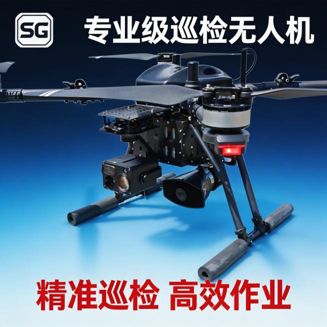 巡检无人机电商主图，画面主体为抠图后的黑色巡检无人机，背景用科技感深蓝色渐变，添加醒目的白色标题“专业级巡检无人机”，左上角放置品牌logo，底部用红色突出显示“精准巡检 高效作业”，整体风格硬朗科技预览效果