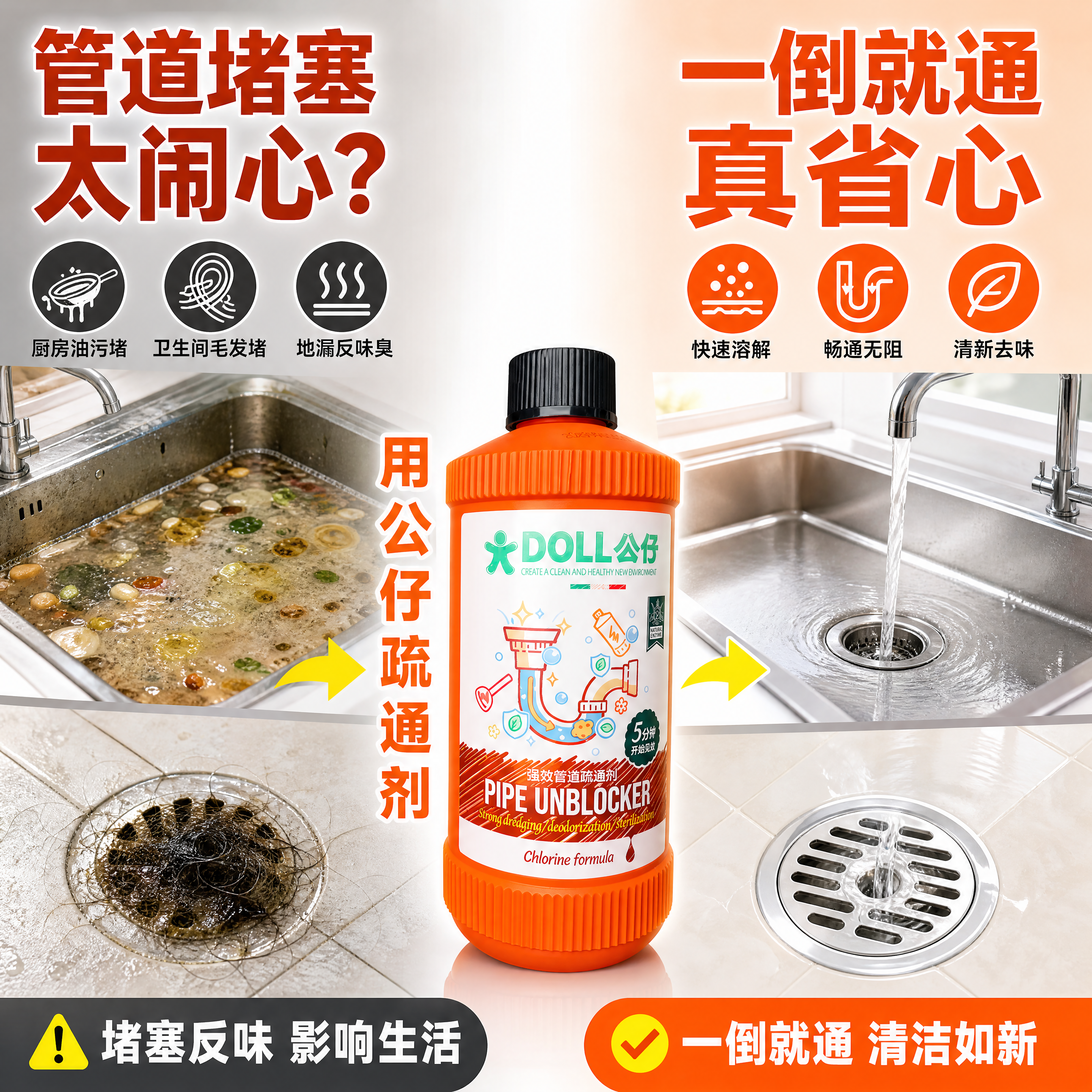 [商品] 使用【图1】公仔牌管道疏通剂橙色瓶身；保留瓶身结构、… - 图片创意预览