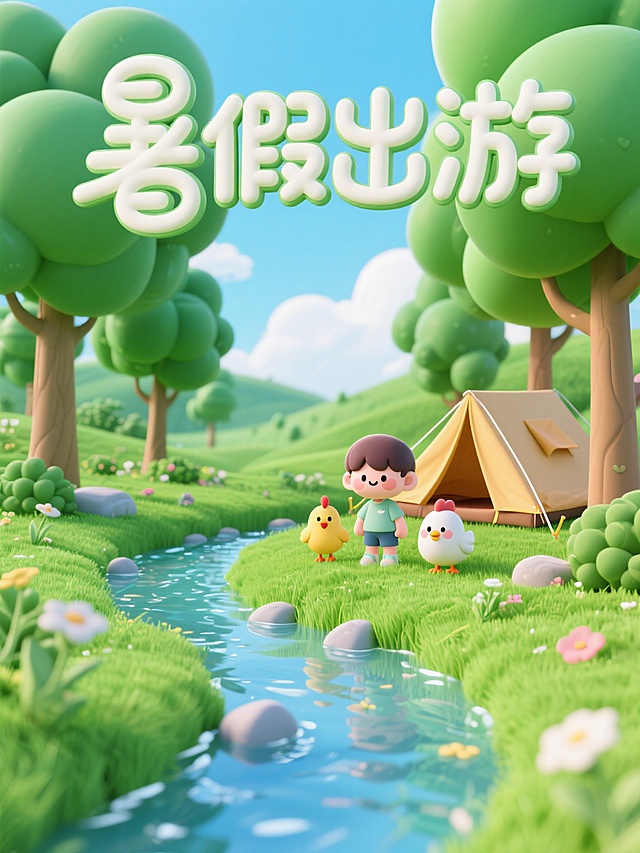 清新3D卡通风格，拟人小鸟与孩子共游，简约自然场景，夏日出游主题。