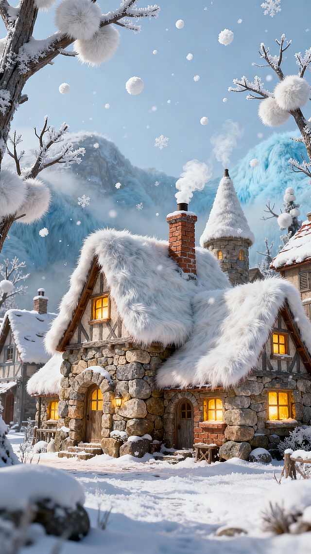 梦幻雪屋，3D微缩艺术风，毛发生长屋顶与石刻质感结合，温暖灯光透出温馨感，卡通风格冬日童话，虚拟现实中的可爱冬景。