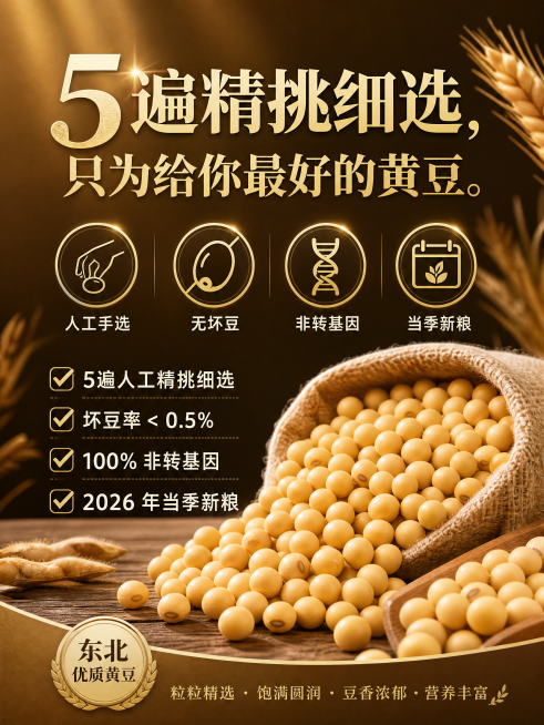 拼多多15 张详情长图 1. 痛点直击图 AI 提示词：信息图风格，白色背景，用红色叉号标注 "买到坏豆多、有沙子、碎粒多"3 个痛点，图标 + 文字结合 文案：买黄豆最烦挑坏豆？我们帮你挑好了！ 2预览效果