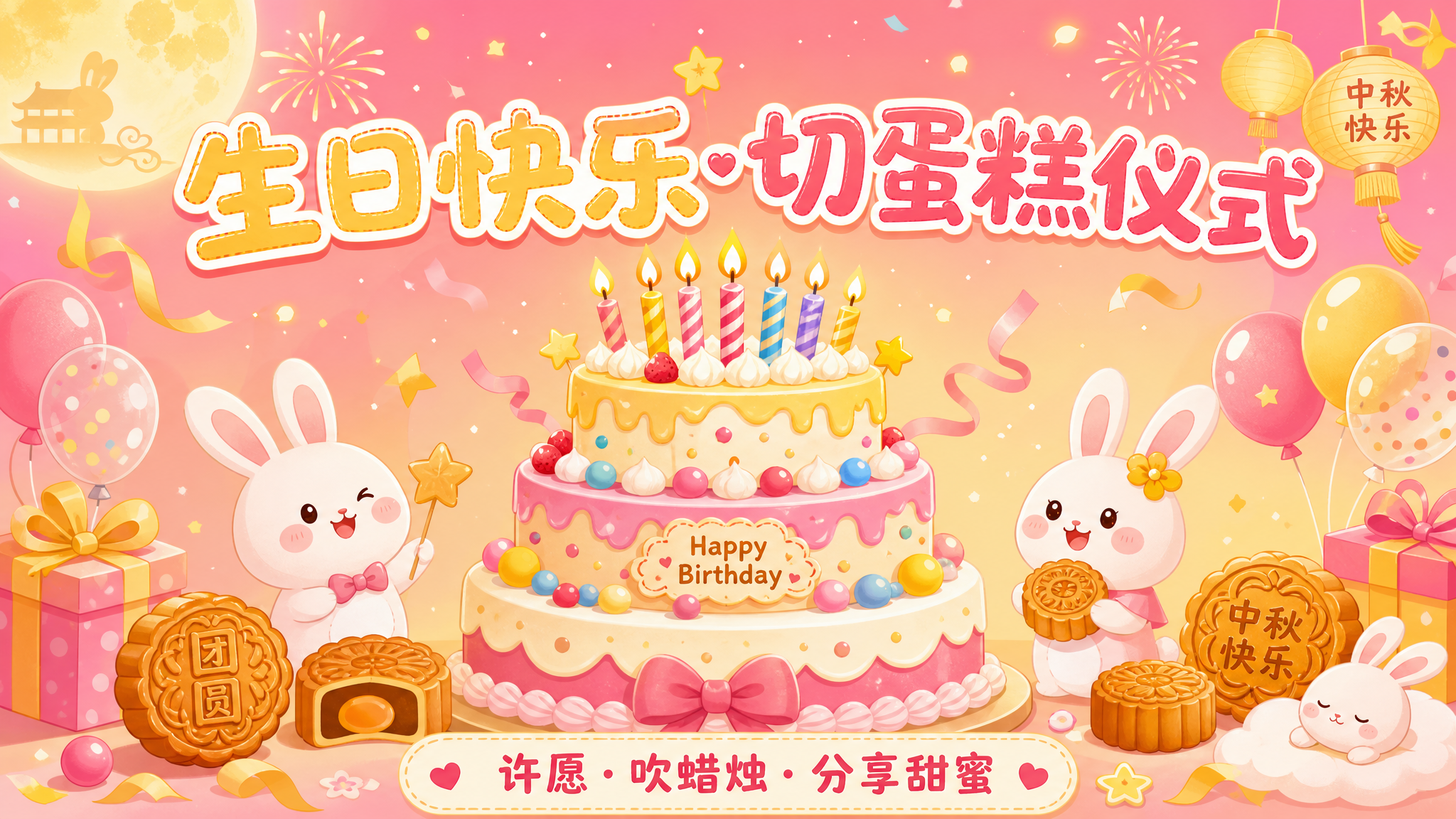 PPT切蛋糕仪式页设计，活泼可爱风格，中秋生日会主题。页面中央… - 图片创意预览