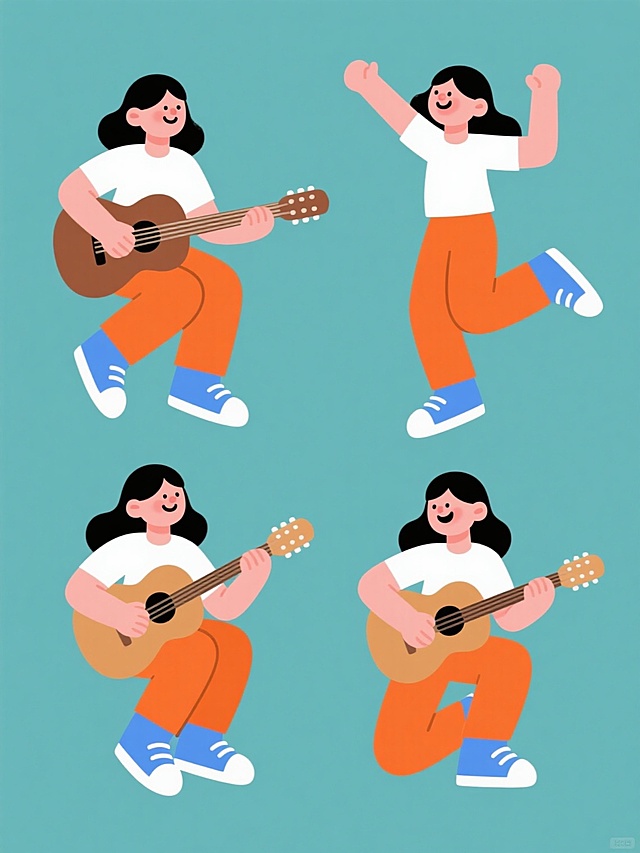 四个不同造型的同系列插画素材集合，每个插画中都有一位弹吉他的女孩，保持一致的扁平插画风格，圆润线条，鲜艳色彩，女孩穿着白色上衣和橙色裤子，脚穿蓝色运动鞋，表情欢快。四个女孩的吉他弹奏姿势各不相同：一个坐着弹奏，一个站着弹奏，一个跳跃弹奏，一个蹲着弹奏。背景为纯色，四个插画规整地排列在画面中，形成一个统一的系列。