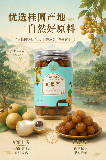 2:3 竖版电商详情原料溯源屏，国潮新中式汉服国潮风，严格还原上传的桂夫人桂圆肉产品图，包括包装设计、颜色、LOGO 位置、文字内容、图案元素等所有细节，产品尺寸比例保持1:1。画面背景为手绘桂圆种植预览效果
