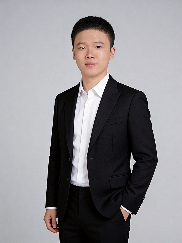 参考图中保留人物脸型、发型、年龄等特征生成教师职场形象照,标准焦段50mm,f/4光圈(f/2.8-f/4区间),平视视角(镜头与人物视线齐平);人物占画面70%,人物居中(居中构图),位于画面中心,为视觉聚焦点,入境范围头部及以下至臀部下方10cm(半身像);左右留少量背景空间;头部与画面顶部保留5%空间;头部发型完整,头肩比例协调,人物结构准确;发质微微柔顺，微微蓬松。身穿黑色精纺羊毛混纺西装外套,(平驳领设计,面料呈细腻微微哑光质感);内搭白色高支精梳棉衬衫;下装黑色精纺羊毛混纺西裤;着装正式干练;专业沉稳、博学温润;身形匀称,姿态端正,身体挺拔。呈左手插兜的自然姿态，肢体放松且自信;简约微微中度灰色纯色背景(呈现均匀柔和质感),背景光线均匀柔和,强化色彩对比的高级感。极简干净;32k画质超高分辨率、细节清晰,现代精致感风格;肤质精细化处理;眼神直视镜头,目光坚定且澄澈,表情自然。嘴角上扬;健康清透哑光肌,肤色均匀白皙,细腻平滑无瑕,保留真实毛孔纹理,自然提亮｡正面柔光补光,4800K中性光,面部光比1:1.5｡中近景写实摄影,对焦清晰,面部雾面柔光,轻透裸肌感,高清保留皮肤细节｡分辨率4K,去除人物之外的所有元素，去除领带。严格按照图片内容生成。画面比例3:4