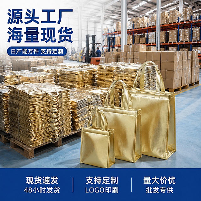 [主图-4] 仓库场景，大量金色铝箔保温袋打包堆放，展示1688工厂实力与库存。
[氛围风格] 1688工厂批发风，仓库实拍感，突出产能与库存实力。
[画质] 商业摄影质感、光线明亮通透、产品清晰真实、画面有规模感。
[元素] 宽敞的现代化仓库内，大量金色铝箔保温袋整齐堆放在托盘和货架上，有的打包成纸箱，有的成摞堆放，前景有几个清晰的保温袋样品展示。仓库背景有高位货架、打包区、叉车等元素，体现工厂规模。**保持保温袋外观（即物理结构、材质质感、金色外观）与输入产品图绝对一致，去除所有LOGO和文字，杜绝任何变形和色差，精细化处理**。商品主体（前景样品+中景堆放）总占比约70%。
[光影] 仓库顶部均匀照明，明亮通透，前景产品有重点打光，背景货架有自然景深虚化，体现空间纵深感。
[配色] 主色金色（保温袋）；辅色仓库工业灰、白色货架、浅蓝地面。
[视角构图] 略微俯视的广角视角，前景清晰产品，中景成批堆放，远景仓库纵深，体现规模实力。
[文字版式] 左上负空间左对齐，大字主文案"源头工厂 海量现货"深蓝色粗体无衬线；下方辅助文案"日产能万件 支持定制"白色小号带深蓝底。底部通栏三列：左列"现货速发""48小时发货"、中列"支持定制""LOGO印刷"、右列"量大价优""批发专供"，白字深蓝底。
[输出要求] 1:1比例，文字清晰锐利，超高清商业摄影质感。
[负向提示词] 变形，文字错乱，产品图模糊，背景杂乱，水印，电商平台Logo，LOGO，品牌标识。