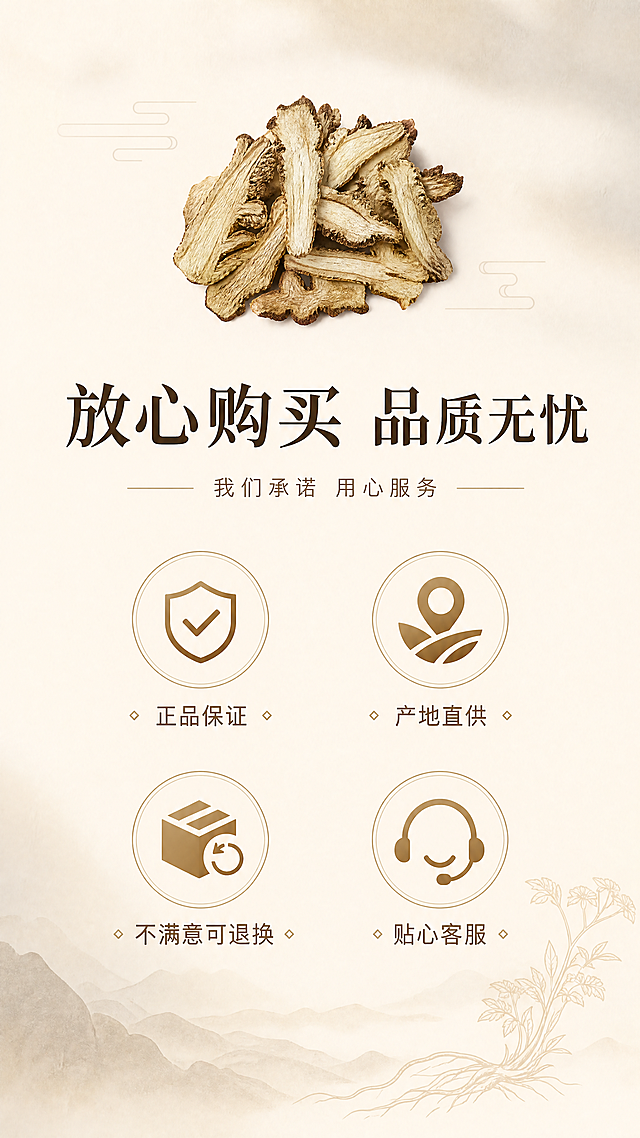 [第8屏] 售后保障收尾页，顶部放【图1】当归片小图，下方四个保障图标：正品保证、产地直供、不满意可退换、贴心客服。标题"放心购买 品质无忧"。背景浅米黄，风格统一，文字清晰。9:16，4K。负面：变形，水印，文字乱。
