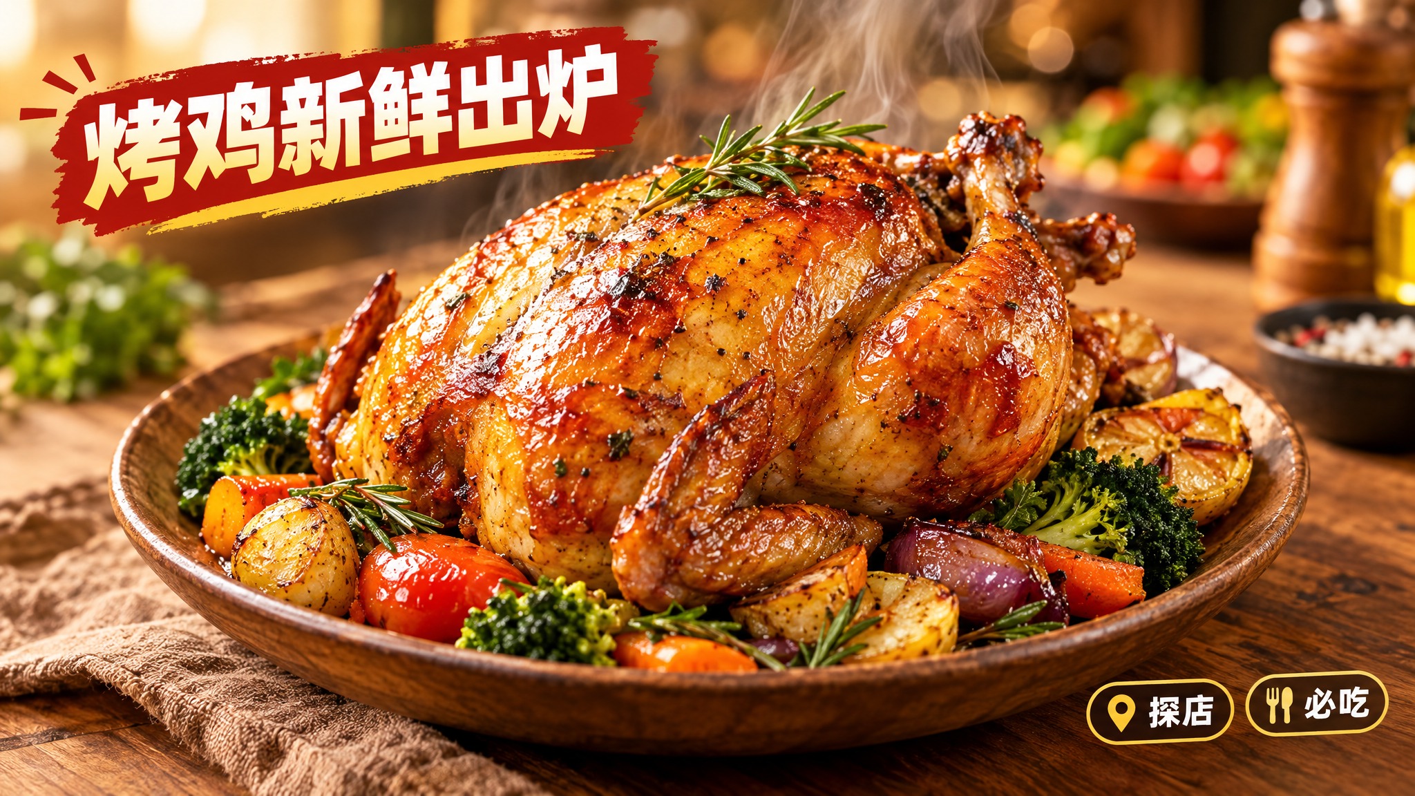 活力美食风格，暖色背景，画面中心是一盘色泽诱人的烤鸡，表皮金黄… - 图片创意预览