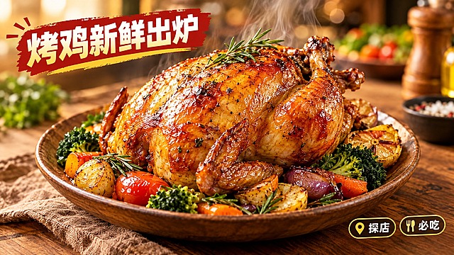 活力美食风格，暖色背景，画面中心是一盘色泽诱人的烤鸡，表皮金黄油亮，搭配新鲜蔬菜和木质餐具，背景虚化处理突出主体食物，左上角用粗体字预留标题框，框内写有文字“烤鸡新鲜出炉”，右下角添加“探店”“必吃”等简约标签图标，整体高饱和度色彩，美食摄影质感，画面精致诱人