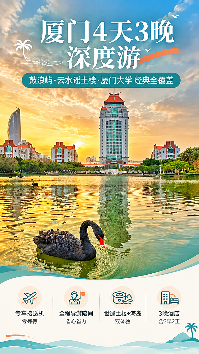 [商品] 使用【图1】厦门大学芙蓉湖黑天鹅黄昏风景图作为主视觉素材；保留黑天鹅、湖面倒影、厦大主楼、黄昏暖金天空的全部色彩与细节；将原图作为厦门旅行的标志性画面，不裁剪、不改色。
[画面] 目标：价值头图，一眼抓住厦门文艺海岛+世遗土楼+名校风光的核心吸引力。构图：竖版9:16，上半部分70%为【图1】的厦大芙蓉湖黄昏全景，画面叠加半透明渐变蒙版用于放标题；下半部分30%为白色信息卡区域，放核心卖点图标。景别：全景，风景占画面70%。阅读动线：从上至下，先被美景吸引再看行程卖点。前中后景：前景黑天鹅湖面、中景厦大建筑、后景黄昏天空云彩。
[视觉] 套系策略：风格=清新海岛度假风旅行海报；标题字=思源宋体粗体；正文字=思源黑体常规；主色=暖金+海岛蓝+深墨绿；背景延展=暖金渐变+蓝绿色块做深浅层级；强调色=珊瑚橙，仅用于小面积标签、图标和按钮；标题色=白色（风景上）/深炭灰（白底上）；正文色=中暖灰；组件=圆角白底信息卡、细线图标、行程标签、波浪形分隔线；光影=暖金黄昏自然光，通透明亮。
[文字] 画面上方叠加主标题：「厦门4天3晚 深度游」，副标题：「鼓浪屿·云水谣土楼·厦门大学 经典全覆盖」；下方信息卡4个核心卖点图标+文字：① 专车接送机 零等待 ② 全程导游陪同 省心省力 ③ 世遗土楼+海岛双体验 ④ 3晚酒店 含3早2正。全部文字横排，主标题字号大且醒目。
[规格] 图片比例9:16竖版，4K分辨率，淘宝/天猫详情页适配，中文简体，避免变形、错字、文字过小、冷蓝灰主调、出现极限词/平台Logo/二维码。