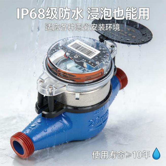 [垫图] 
[主图主题]智能水表防水性能展示
[氛围/风格]工业风，真实场景感
[画面元素]水表被放置在水流喷淋的环境中，水珠落在水表表面，产品依然正常工作，背景为浅灰色防水测试场景，光影突出水流和水预览效果