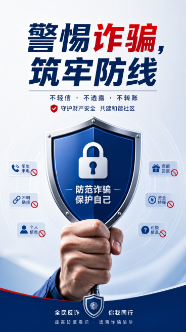 反诈骗宣传海报，干净简洁背景，主体是握紧盾牌的手，配文字"警惕诈骗，筑牢防线"，简约设计的公益宣传海报预览效果