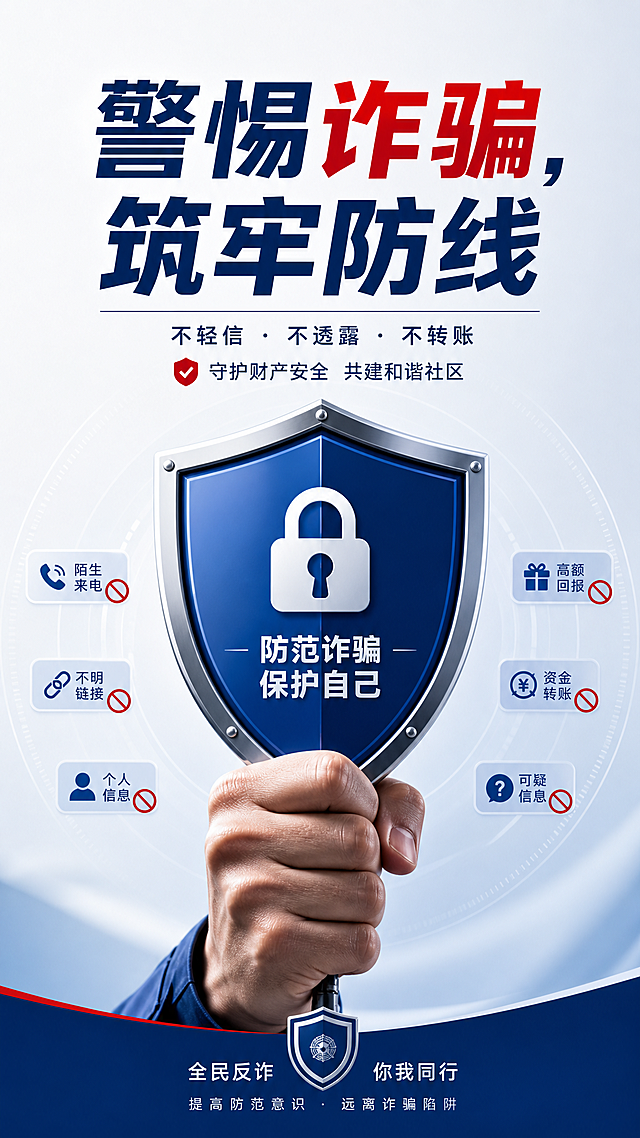反诈骗宣传海报，干净简洁背景，主体是握紧盾牌的手，配文字"警惕诈骗，筑牢防线"，简约设计的公益宣传海报