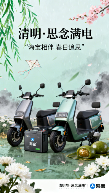 清明节主题海报，画面包含海宝电池和两轮电动车，整体宁静温润略带诗意。主色调为青绿色春意、烟灰色追思、暖金色温情，点缀白色菊花和淡粉色杏花。融入柳枝、杏花、纸鸢、青团、菊花、烟雨等清明传统意象。主标题使预览效果