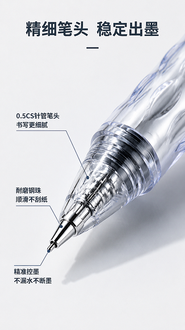 [第3屏] 笔头细节结构解析，引线标注展示。
[氛围/风格] 专业细节展示，清晰微距特写，干净利落的文具产品摄影。
[元素布局] 中性笔笔头45°斜放在画面中心，占据约70%画面。对0.5CS笔头、滚珠、出墨口三个核心部位使用细线引线标注，每个标注对应一段说明文字。背景为浅灰白色，下方留一块信息区放主标题，整体无边框满铺。保持笔头结构、金属质感和比例与原图一致。
[光影质感] 侧光打光，突出金属笔头的质感和细节，高光清晰，阴影过渡自然，整体清晰通透。
[配色色系] 全局统一底色：#F5F5F5（浅灰白）；主体金属色：银色；文字和引线：#2C3E50。
[视角构图] 45°斜侧微距特写视角，景深适中，笔头主体清晰，背景略虚化突出主体。
[文字版式] 顶部主标题“精细笔头 稳定出墨”，三个引线标注分别为：“0.5CS针管笔头 / 书写更细腻”、“耐磨钢珠 / 顺滑不刮纸”、“精准控墨 / 不漏水不断墨”。文字清晰，排版不遮挡主体笔头。
[比例分辨率] 9:16 竖版比例，宽度1080像素，高度1920像素，2K分辨率，文字清晰可辨，超高清。
[负向提示词] 笔头变形，结构错误，文字错乱，水印，模糊，背景杂乱。