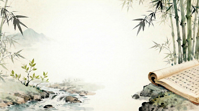 保持左侧完全不变，继续将右侧的竹林和书卷向右推移到边缘，最大化扩大中间空白区域，保证文字有充足的排版空间，保留原有国风水墨春日风格