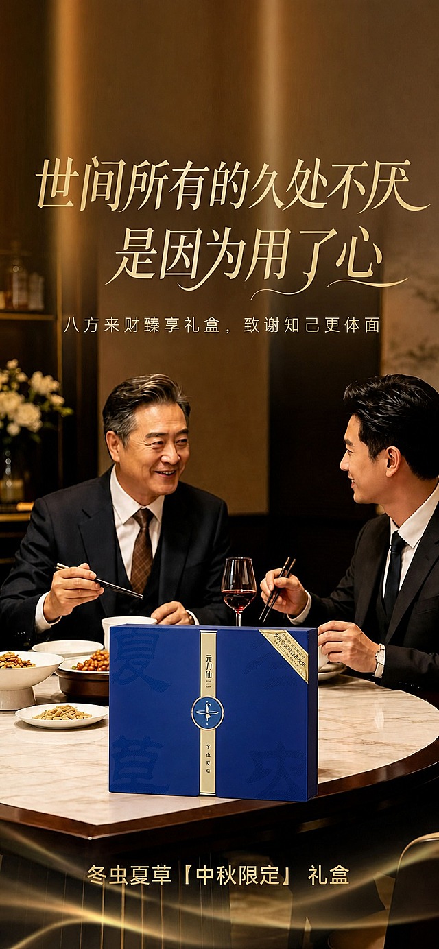基于第一张海报图进行修改，保持海报整体构图、人物、背景、餐桌、餐具、光线风格完全不变。修改要求：1. 将画面中间餐桌上的橙色礼盒替换为第二张图中的蓝色元力仙冬虫夏草礼盒，礼盒位置、大小、透视角度与原橙色礼盒一致，自然放置在桌面上，光影与环境匹配；2. 去除海报左上角的东阳光鲜虫草logo和天赐的声音logo，去除右上角的19th logo；3. 将海报底部的文字“【冻干鲜虫草50克】”修改为“冬虫夏草「中秋限定」礼盒”；4. 将文字“轻奢皮质礼盒，致谢知己更体面”中的“轻奢皮质礼盒”修改为“八方来财臻享礼盒”，其余文字保持不变；5. 将大标题“橙意臻礼”修改为“世间所有的久处不厌”；6. 将大标题“润养金秋”修改为“是因为用了心”；7. 所有修改后的文字保持原有的金色书法字体风格、大小、位置和排版不变；8. 整体画面质感、色调、光影与原图保持一致，修改自然无痕。