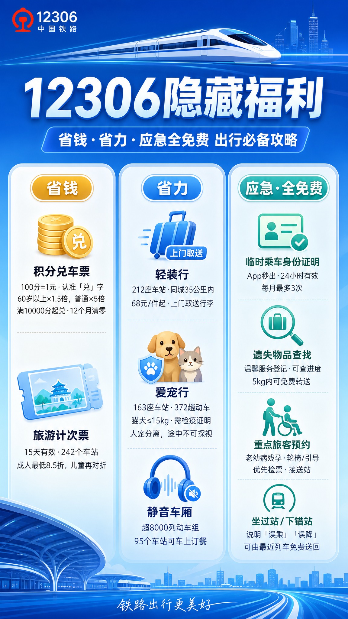 一张12306隐藏福利攻略海报，竖版9:16，蓝色渐变背景，顶… - 图片创意预览