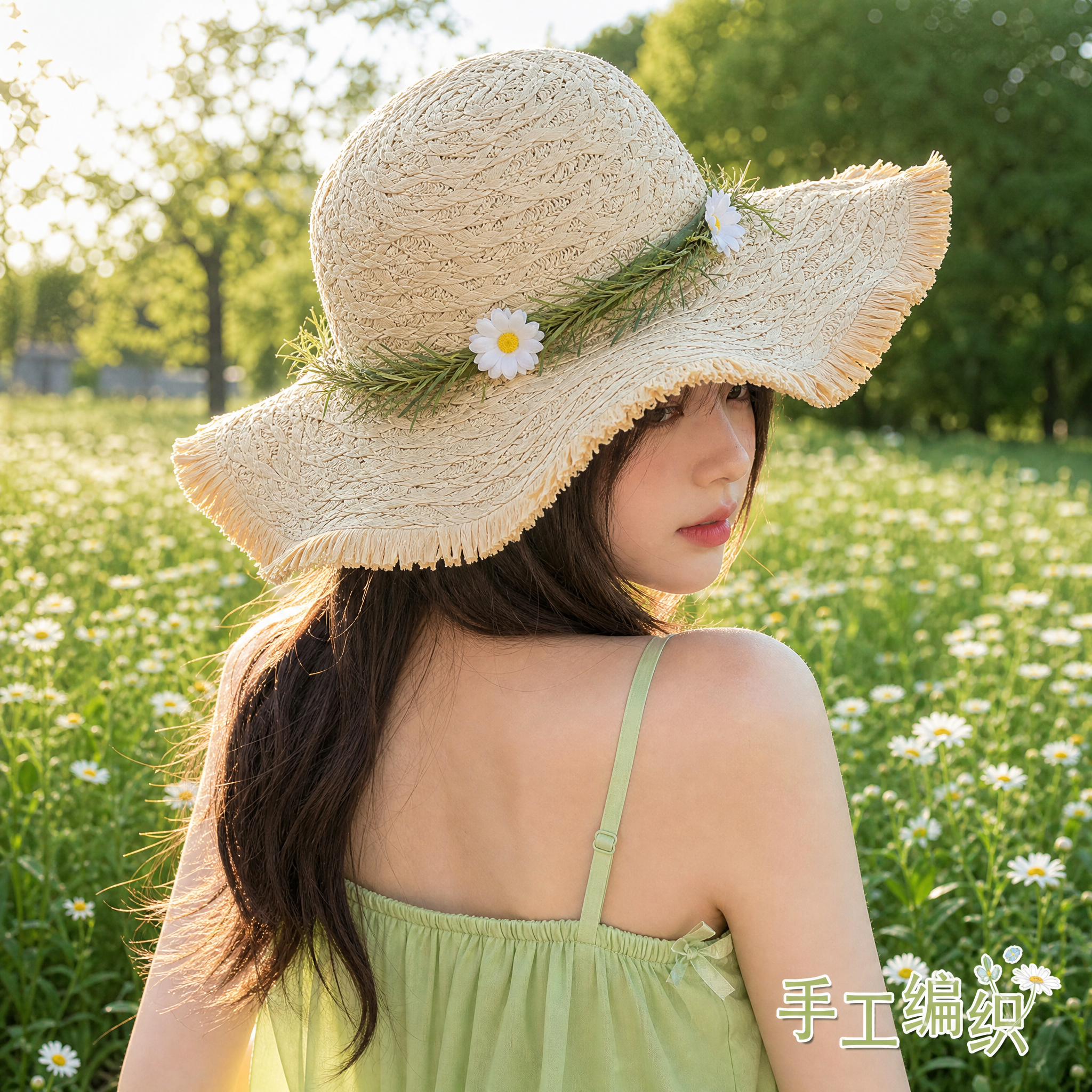 [主图-3] 田园风雏菊毛边草帽背面上头展示。 [氛围风格]… - 图片创意预览