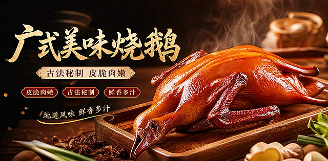 写实商业摄影风格，美食烧鹅介绍海报，版式精美。主标题"广式美味烧鹅"，副标题"古法秘制 皮脆肉嫩"，卖点标签"皮脆肉嫩""古法秘制""鲜香多汁"，装饰文案"地道风味 鲜香多汁"。画面展示完整烧鹅，放置在木质托盘上，暖光营造热气腾腾的烟火食欲感，皮色红润油亮。深色简约渐变背景，构图三层空间，前景点缀虚化香料，背景虚化，留白适当排版精美，文字不遮挡产品主体，色彩浓郁食欲感强，画面比例约为2:1，所有文字清晰可读，整体画面合规无侵权。
