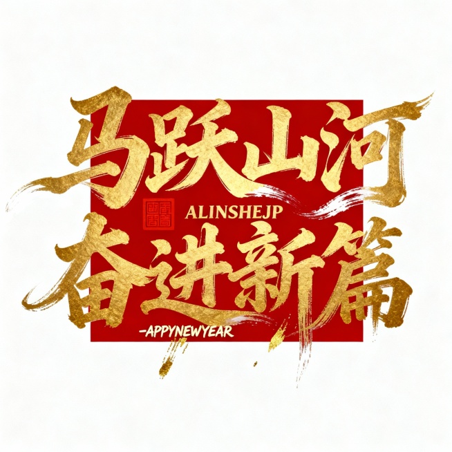 主体为狂野豪迈的烫金连体书法字"马跃山河 奋进新篇"，国潮风笔触，字体大小不一错落有致的排版，笔画流畅飘逸且大幅拉长变形，带自然飞白效果，视觉冲击力拉满;字间嵌入传统朱红色方形印章"ALINSHEJP预览效果