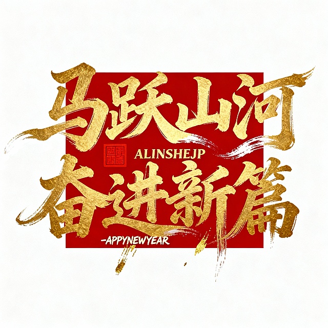 主体为狂野豪迈的烫金连体书法字"马跃山河 奋进新篇"，国潮风笔触，字体大小不一错落有致的排版，笔画流畅飘逸且大幅拉长变形，带自然飞白效果，视觉冲击力拉满;字间嵌入传统朱红色方形印章"ALINSHEJP，搭配毛笔手写小字"-APPYNEWYEAR";宇体中间大红色为底色,呈现喜庆春节氛围。四周留白，构图简约大气，字体笔触有烫金色墨迹，尽显大师级书法设计的雅致韵味。大师作品，高级感，超高清，纯黑字体，纯白背景