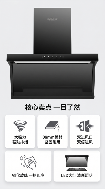 [主图 2] 家用顶侧双吸油烟机多核心卖点卡片阵列展示。
[氛围风格] 现代简约科技风，清晰直观专业感
[画质] 商业摄影质感，光线均匀通透，产品清晰真实，画面干净高级
[元素] 黑色油烟机位于画面上预览效果