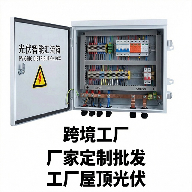 展示打开的光伏汇流箱内部结构，清晰呈现接线端子等组件，添加文字"跨境工厂 厂家定制批发 工厂屋顶光伏"