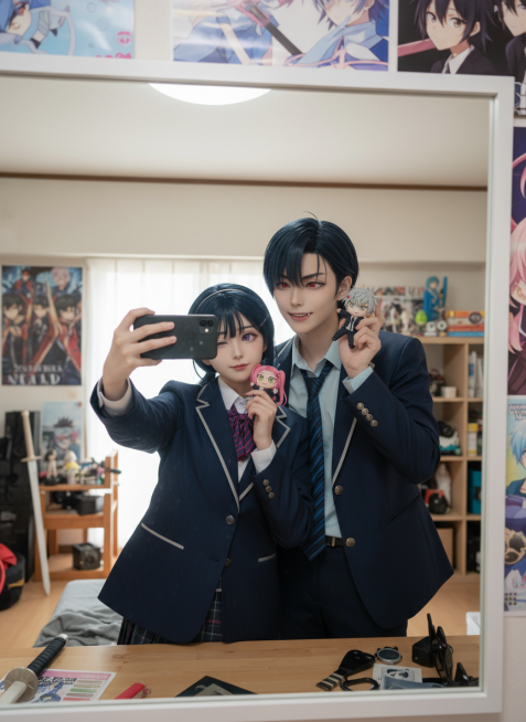 cosplayer真人写实照片，根据该图生成一张现实生活中扮演该角色的写实风格，人物所在的写实场景与原作相对应，人物一只手抬起拿着手机对着镜子正在自拍，另一只手靠近镜头托着带有与该cosplayer照预览效果