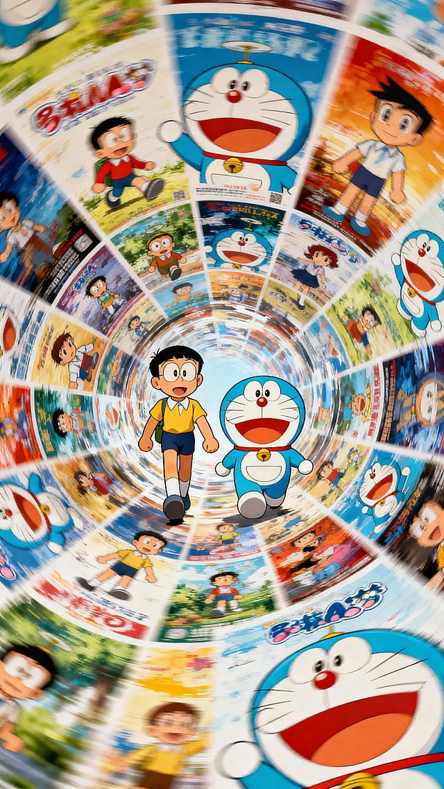 画面中有许多经典哆啦A梦场面呈螺旋状排列，主人公大雄和哆啦A梦在旋转的海报中行走。固定聚焦在他身上，周围呈现朦胧模糊、涂抹、拖影的效果。