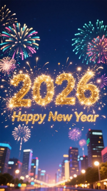 画面中央是金色烟花字“2026”，下方搭配金色烟花英文 “Happy New Year”，背景是深蓝色夜空，布满色彩绚烂的烟花，底部还有城市夜景的灯光光斑预览效果