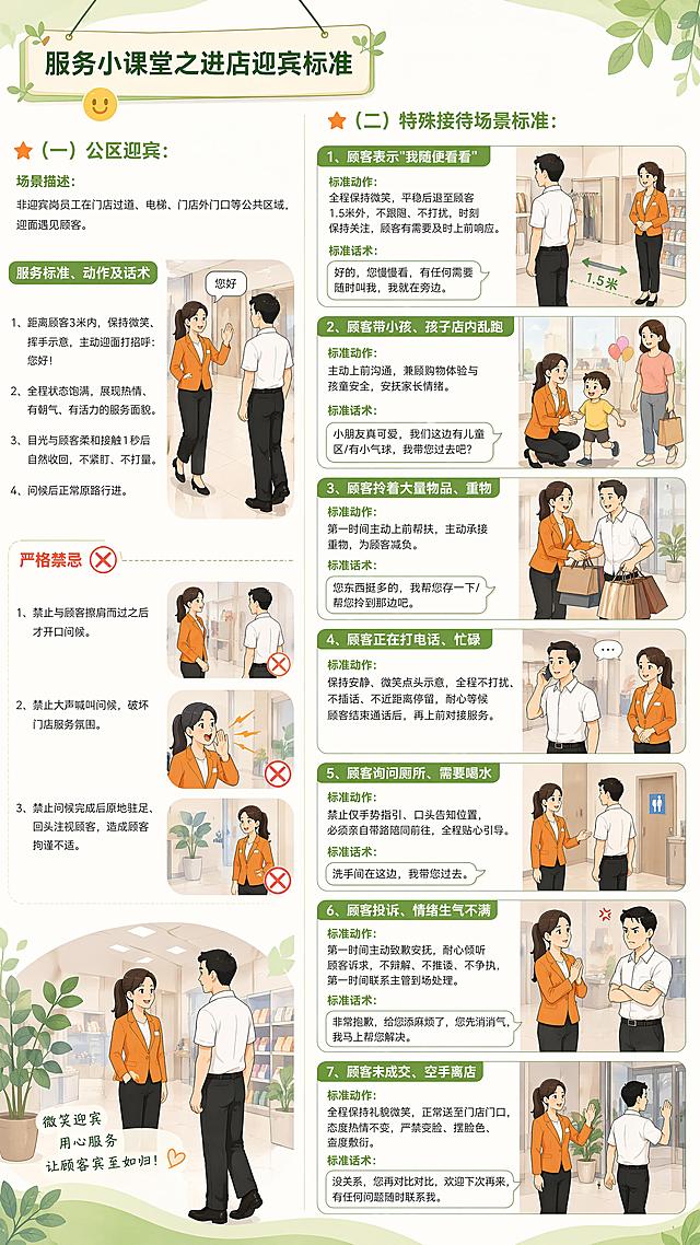 生成一张卡通漫画风的门店服务培训海报，整体风格和参考图一致，自然清新配色，排版错落有致，图文并茂，图片与文字穿插灵动。主标题为"服务小课堂之进店迎宾标准"，主标题加粗，占比小，正文不加粗，字体为微软雅黑，标题和正文有颜色层次感。包含以下完整文字内容，不得删减：（一）公区迎宾：场景描述：非迎宾岗员工在门店过道、电梯、门店外门口等公共区域，迎面遇见顾客。服务标准、动作及话术1、距离顾客3米内，保持微笑、挥手示意，主动迎面打招呼：您好！（女员工，扎马尾，身穿橙色外套黑色长裤黑色皮鞋，右手挥手示意说"您好"）2、全程状态饱满，展现热情、有朝气、有活力的服务面貌。3、目光与顾客柔和接触1秒后自然收回，不紧盯、不打量。4、问候后正常原路行进。严格禁忌1、禁止与顾客擦肩而过之后才开口问候。2、禁止大声喊叫问候，破坏门店服务氛围。3、禁止问候完成后原地驻足、回头注视顾客，造成顾客拘谨不适。（二）特殊接待场景标准：1、顾客表示"我随便看看" 标准动作：全程保持微笑，平稳后退至顾客1.5米外，不跟随、不打扰，时刻保持关注，顾客有需要及时上前响应。标准话术：好的，您慢慢看，有任何需要随时叫我，我就在旁边。2、顾客带小孩、孩子店内乱跑 标准动作：主动上前沟通，兼顾购物体验与孩童安全，安抚家长情绪。标准话术：小朋友真可爱，我们这边有儿童区/有小气球，我带您过去吧？3、顾客拎着大量物品、重物 标准动作：第一时间主动上前帮扶，主动承接重物，为顾客减负，图文并茂呈现。标准话术：您东西挺多的，我帮您存一下/帮您拎到那边吧。4、顾客正在打电话、忙碌 标准动作：保持安静、微笑点头示意，全程不打扰、不插话、不近距离停留，耐心等候顾客结束通话后，再上前对接服务。5、顾客询问厕所、需要喝水 标准动作：禁止仅手势指引、口头告知位置，必须亲自带路陪同前往，全程贴心引导，图文并茂呈现。标准话术：洗手间在这边，我带您过去。6、顾客投诉、情绪生气不满 标准动作：第一时间主动致歉安抚，耐心倾听顾客诉求，不辩解、不推诿、不争执，第一时间联系主管到场处理。标准话术：非常抱歉，给您添麻烦了，您先消消气，我马上帮您解决。7、顾客未成交、空手离店 标准动作：全程保持礼貌微笑，正常送至门店门口，态度热情不变，严禁变脸、摆脸色、态度敷衍，图文并茂呈现。标准话术：没关系，您再对比对比，欢迎下次再来，有任何问题随时联系我，图文并茂呈现。画面中包含女员工和男顾客，男顾客穿白色短袖黑色长裤黑色鞋子。图片占比与文字协调，图片稍小穿插在文字间。风格为卡通偏漫画风，配色清新自然高级极简，整体协调不头重脚脚，版式精美。