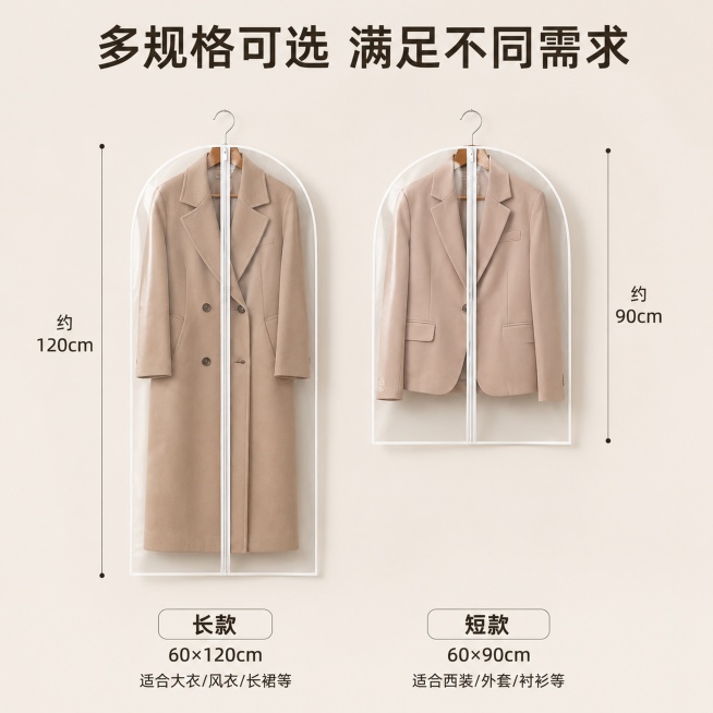 「图片1」「图片1」「图片1」，生成一套主图（5张），商品名称是衣物防尘罩，卖点是可水洗，家用挂式，保养衣物，防尘防潮，适配抖音平台，主图比例为1:1预览效果